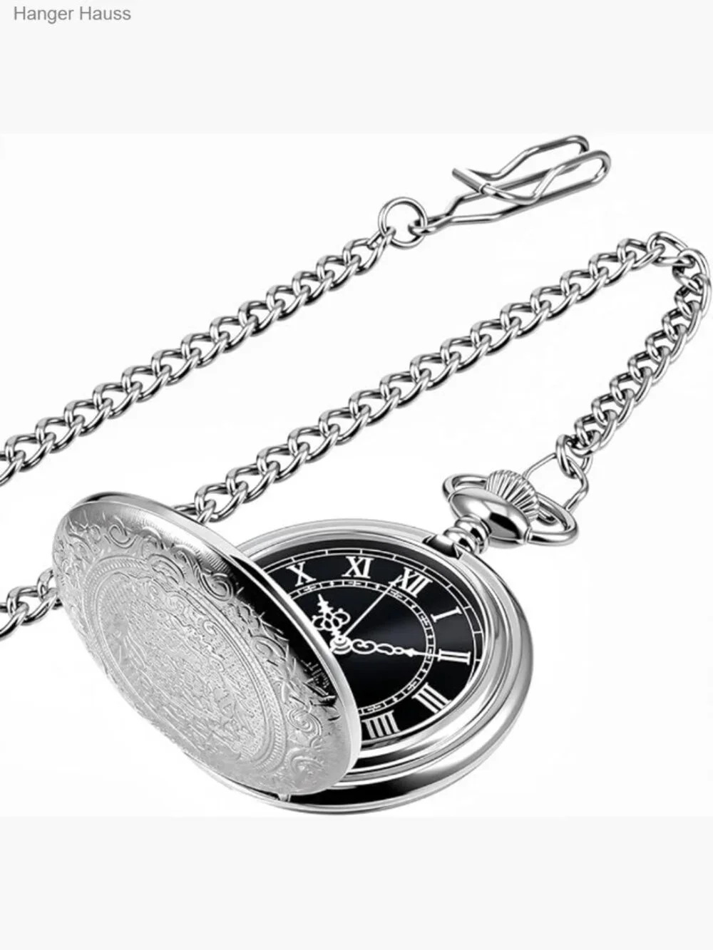 Men's Quartz Pocket Watch with Black Dial, Chain, Gift Box